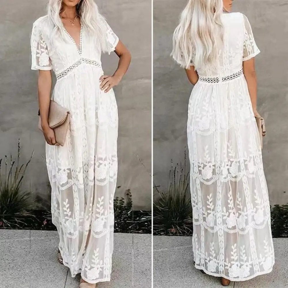 white women lace V-neck dress maxi long bridemaid boho